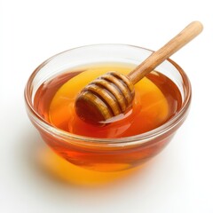 Honey pot and dipper on white background.
