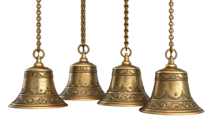 Four Ornate Golden Bells Hanging on Chains Against On Transparent Background 