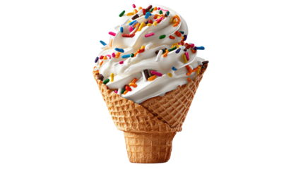 Sweet Delight: A mouthwatering swirl of creamy, vanilla ice cream, adorned with a cascade of colorful sprinkles, nestled perfectly within a crisp waffle cone, creating a delectable treat.