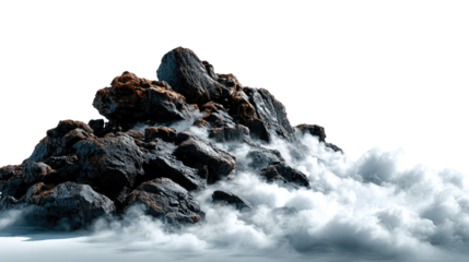 Mystical Mountain Majesty: A rugged mountain peak, shrouded in ethereal mist, emerges dramatically from a sea of clouds, evoking a sense of ancient wonder and timeless beauty. 
