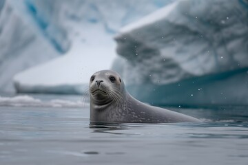 Fototapeta premium Curious seal peeking out of icy arctic waters