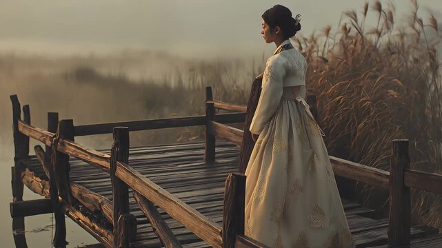 Elegant woman in traditional hanbok dress standing on a rustic wooden pier over misty water at sunrise