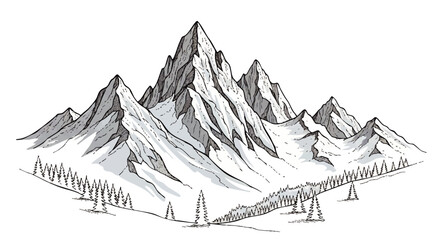 Detailed hand-drawn sketch of a majestic mountain range with snow-capped peaks and surrounding forest.