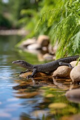 A water monitor lizard (Varanus salvator) slowly crawling along the edge of a clear, gently flowing river
