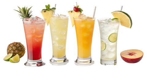 Four Colorful Refreshing Fruit Cocktails On Transparent Background 