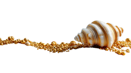 Shell's Grace and Gold's Embrace: A captivating spiral seashell, complemented by lustrous golden beads, unfolds in a delicate embrace of ocean's treasures.
