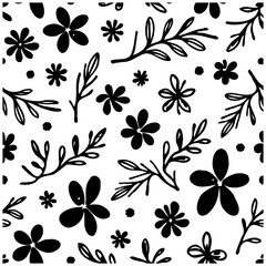 Delicate botanical seamless pattern featuring stylized flowers and leaves in minimalist black and white illustration art design