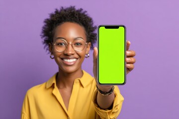 Cheerful young african american woman showing phone with blank green screen on camera and smiling standing isolated purple background. Man holding smartphone and shows copy space for advertising