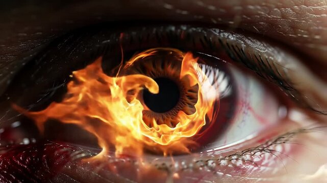 Fiery eye with burning flames reflecting intense emotion, passion, and power, perfect for impactful storytelling and creative projects