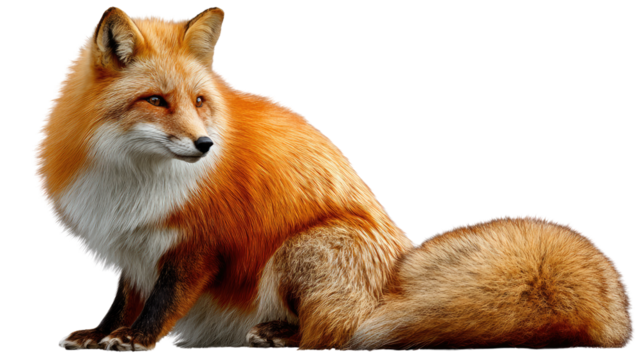 Vibrant Fox Portrait: A majestic fox with stunning, fiery orange fur, sits gracefully, exuding an air of elegance and focused gaze, captivating the essence of untamed beauty and wildlife.