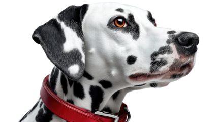 Dalmatian in Profile: A detailed portrait of a striking Dalmatian dog, showcasing its iconic spotted coat and keen, intelligent gaze, captured in a professional studio setting.