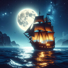 Moonlight sailing ship