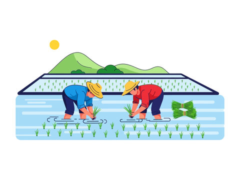 Illustrative Rice Paddy Scene: Two farmers labor in a rice paddy, planting seedlings. Their cooperative endeavor is set against a backdrop of lush hills, emphasizing agrarian life. 