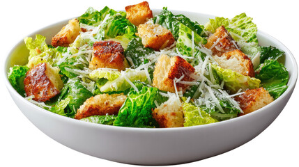 Fresh Caesar Salad: A vibrant close-up captures the freshness of a Caesar salad in a white bowl. Fresh romaine lettuce, crispy croutons, and delicate cheese flakes are arranged attractively.