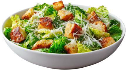 Fresh Caesar Salad: A vibrant close-up captures the freshness of a Caesar salad in a white bowl. Fresh romaine lettuce, crispy croutons, and delicate cheese flakes are arranged attractively.
