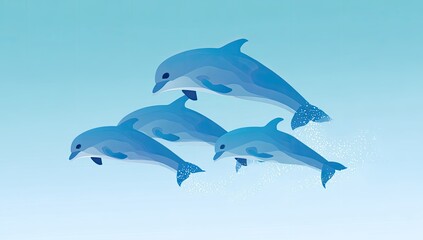 Fototapeta premium Four playful dolphins leap in the ocean