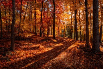 Obraz premium Autumn forest path with vibrant fall colors