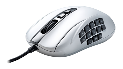 Gamer Mouse close up: Modern, silver gaming mouse with precision and ergonomic design, tailored for gaming. and features a sleek design with responsive buttons and an ergonomic grip.