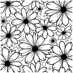 Floral pattern background design showcasing simple black and white line art of daisies for coloring books