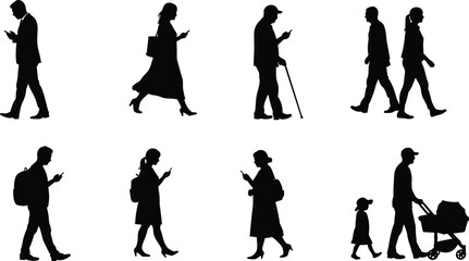 Silhouettes of people walking, using phones, carrying bags, elderly with cane, family with stroller, daily street activity, casual urban lifestyle, vector illustration.