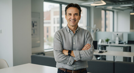 Fototapeta premium Confident successful businessman smiling in modern office ready to lead team to success in bright workspace