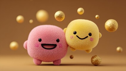 Two adorable, fluffy, cartoonish characters,  pink and yellow, interacting, against a warm brown backdrop with golden balls