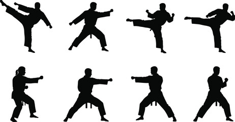 Karate martial artist silhouette in kicking and punching poses, combat training, self-defense technique, action stance, vector illustration, male fighter, black figure movement.