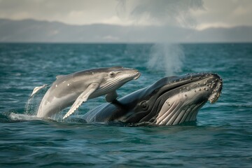 Fototapeta premium Humpback whale and shark swimming together in the ocean