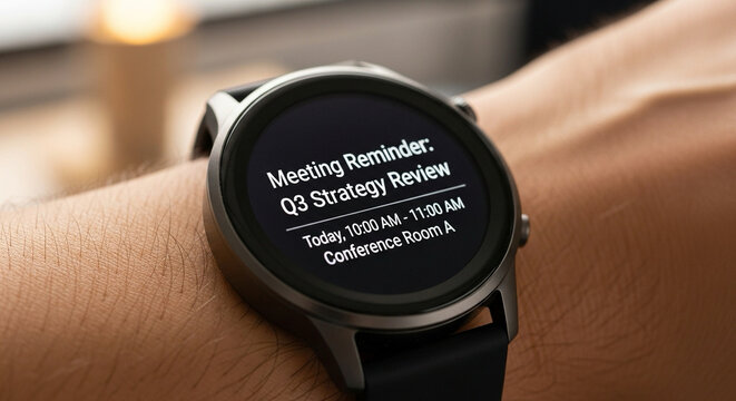 Close-up of a smartwatch showing business meeting reminders, cropped wrist only. - Powered by Adobe