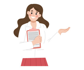 Smiling woman in a white coat holding a clipboard, gesturing with her hand.