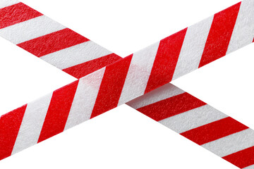 Red and white diagonal warning tape crossed isolated on transparent background