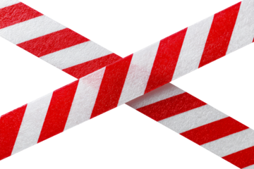 Red and white diagonal warning tape crossed isolated on transparent background