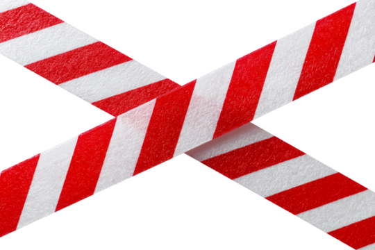 Red and white diagonal warning tape crossed isolated on transparent background