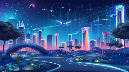 Mixed-reality concept of smart city under augmented reality grid, live data feeds, flying service bots, and curved eco-structures.