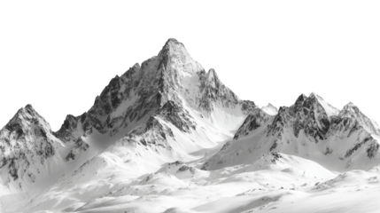 Black and white snowy mountain peak isolated on transparent background