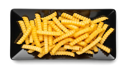 Crispy golden crinkle cut french fries served on a black rectangular plate