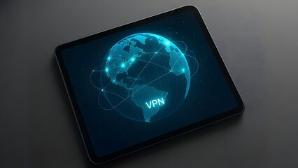 Tablet Displaying 3D Holographic Globe with VPN Connections