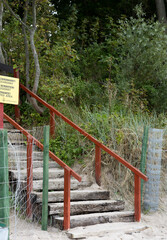 old massive wooden steps covered with sand that lead from the beach to the forest