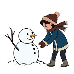 Happy child playing outside and making snowman in winter time. Kid with snowman. WInter season element collection