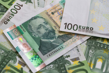 100 Bulgarian Lev Banknote on a Background of Euros