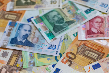A Flat Lay Composition of Bulgarian Lev and Euro Banknotes