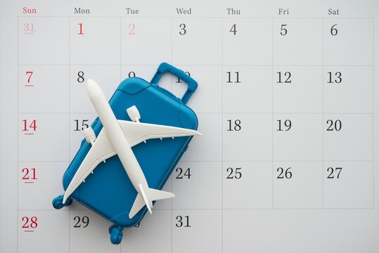 Airplane and suitcase on white calendar background. Travel holiday or annual leave travel period for relaxation concept. Period of paid time off (PTO) granted to employees by their employer.