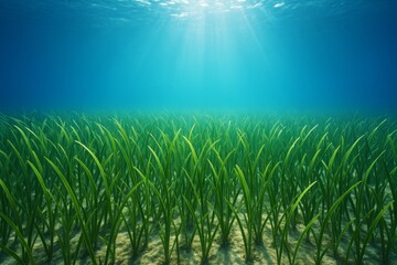 Obraz premium Underwater sunlight illuminating seagrass meadow with clear blue water and soft sandy ocean floor in a peaceful natural background setting. Ai generative