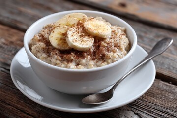 Creamy Oatmeal Bowl with Sliced Bananas and Cinnamon on Wooden Table