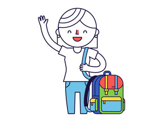 School Adventure: A friendly figure, depicted in a clean, illustration, joyfully waves beside a backpack, eager for a new journey filled with learning and discovery.