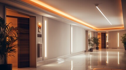 Smart lighting system setup in luxury hallway with recessed panels and ceiling cutouts mid-installation, sleek and ambient architectural style.
