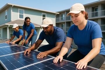 Diverse team installing solar panels on rooftop under sunlight, promoting clean energy and teamwork in a residential background setting. Ai generative