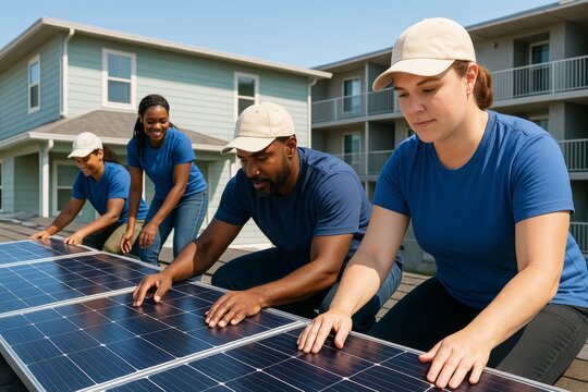 Diverse team installing solar panels on rooftop under sunlight, promoting clean energy and teamwork in a residential background setting. Ai generative - Powered by Adobe