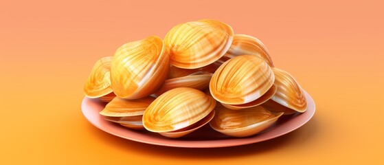 A colorful plate piled high with fresh clams against a warm orange background, showcasing their smooth, striped shells.