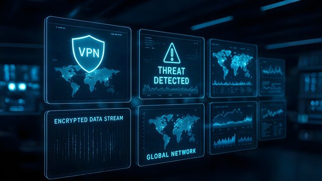 Floating Holographic Panels Showing Global VPN and Cybersecurity Activity - Powered by Adobe